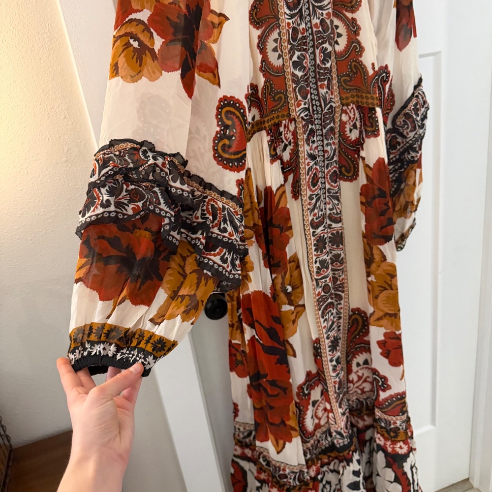 Farm Rio Sand Winter Tapestry V Neck Maxi Dress L Floral Ruffle Boho Fall - Picture 9 of 10